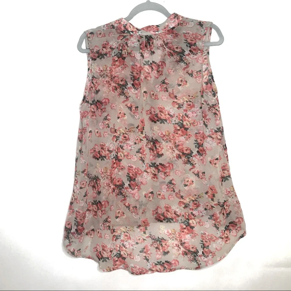 BOBEAU sheer sleeveless blouse pink floral roses L - Picture 2 of 9